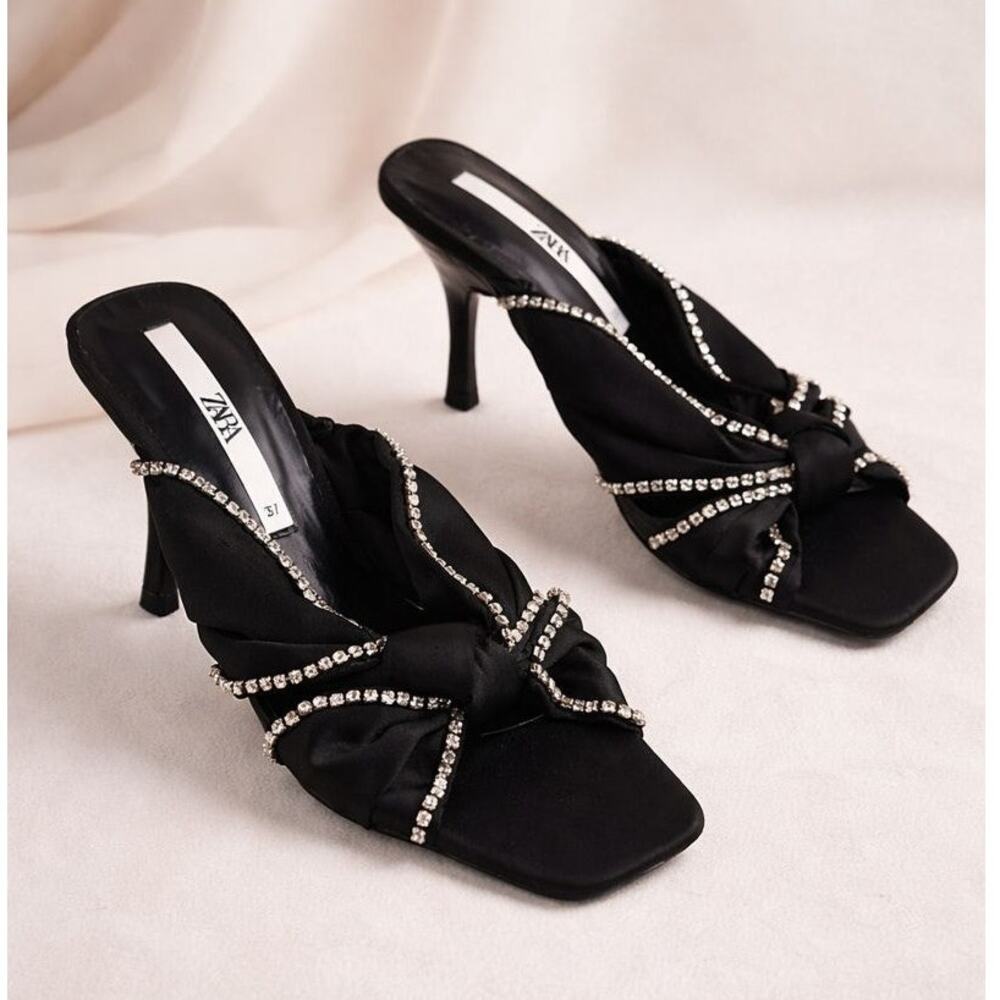 ZARA Satin Mule Heels EU 37 6.5 Black Rhinestone Bow Slip-On Glam Coquette Y2K
